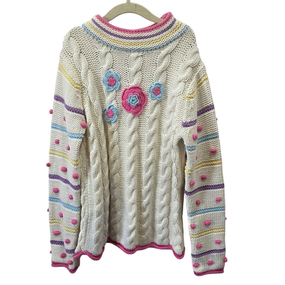 Obermeyer‎ Girls XL Cable Knit Sweater Floral Pom Pom Cottagecore Boho